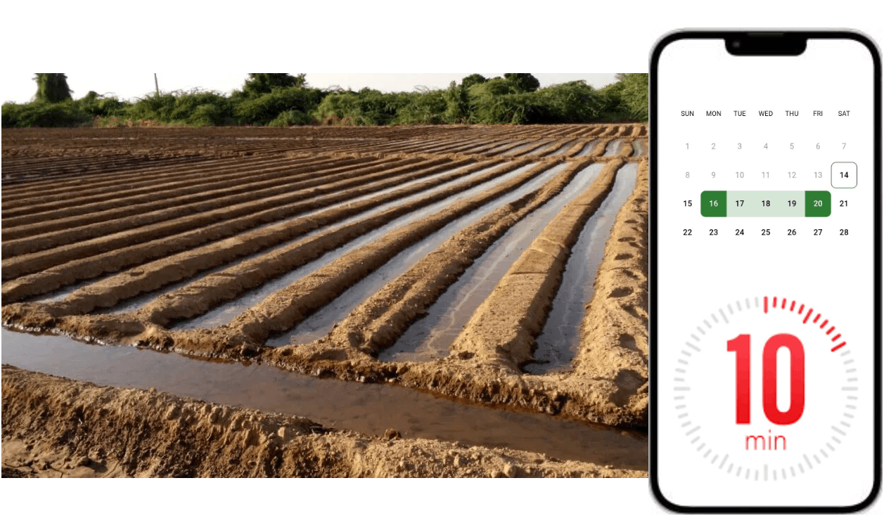 Irrigated field with Rigrow mobile app showing calendar schedule and 10-minute alert
